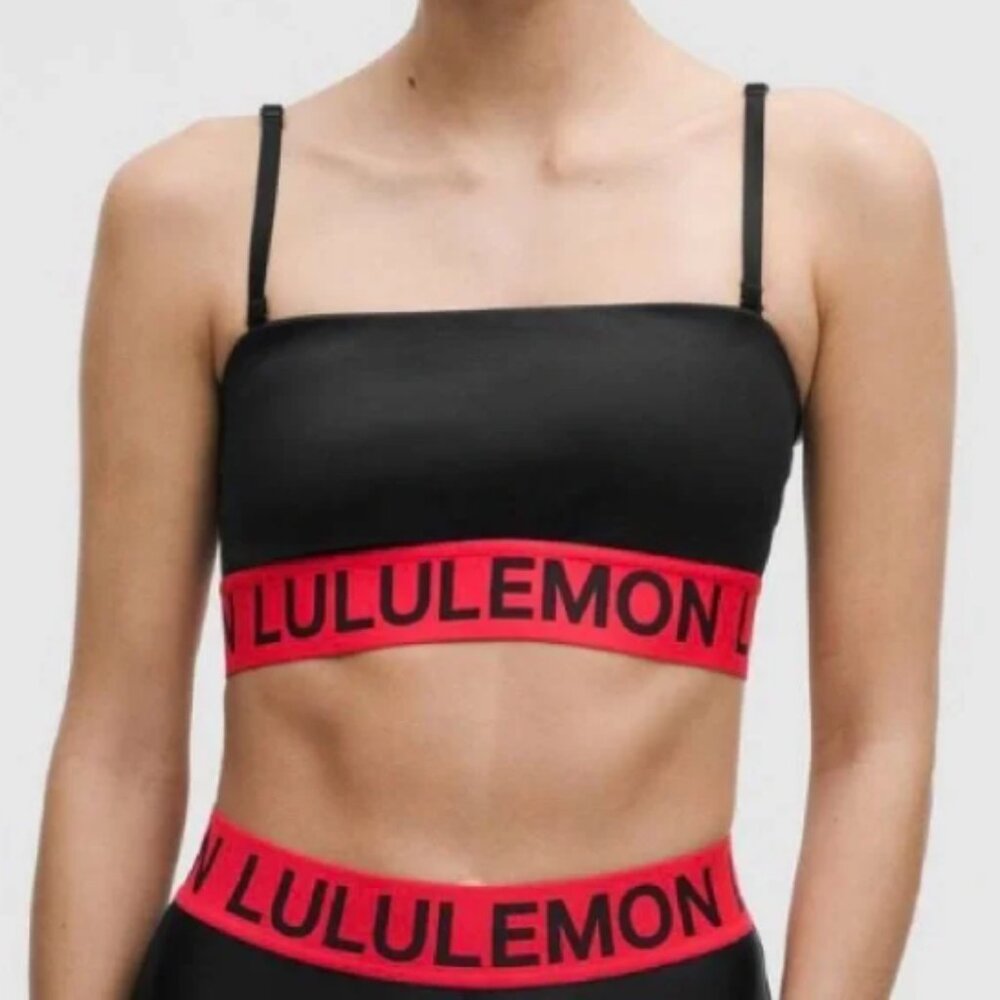 Lululemon Satin Shine Logo Train Sports Bra‎ A/B Cup in black/red glow